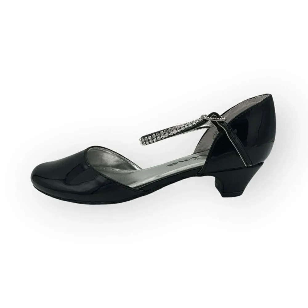 Nina Girls Cera Patent Leather Rhinestone Strap D'Orsay Heels Shoes Black Sz 3M
